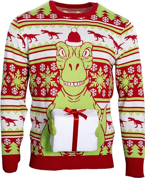 T-Rex Santa Hat 3D Interactive Gift Box Sweater - TVStoreOnline