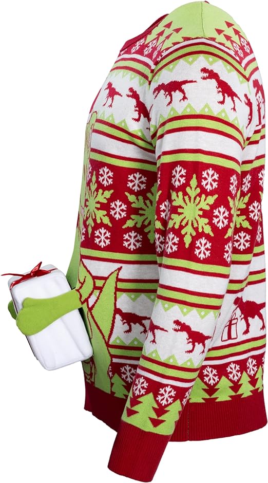 T-Rex Santa Hat 3D Interactive Gift Box Sweater - TVStoreOnline