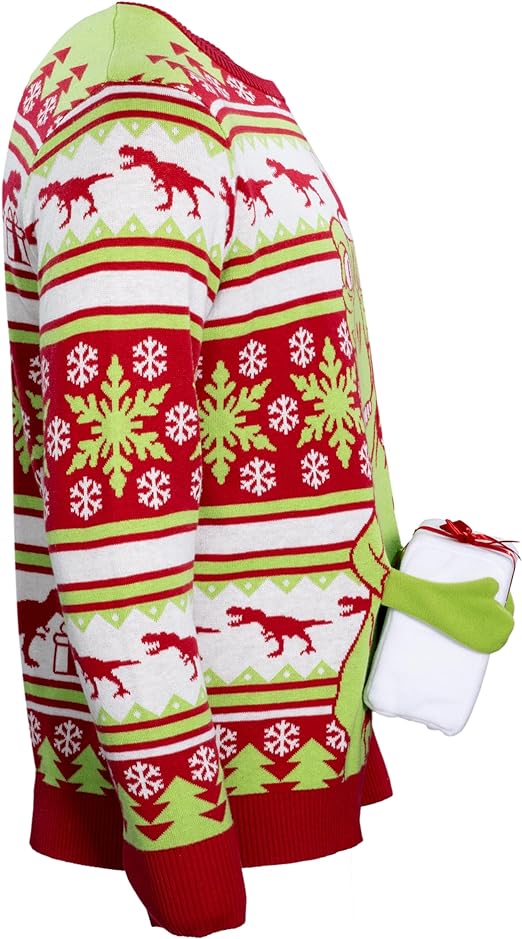 T-Rex Santa Hat 3D Interactive Gift Box Sweater - TVStoreOnline