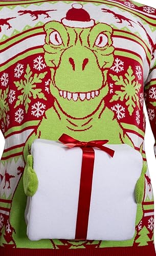 T-Rex Santa Hat 3D Interactive Gift Box Sweater - TVStoreOnline