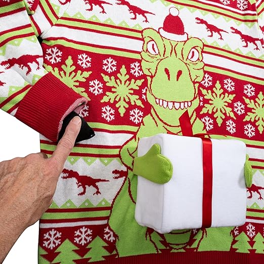 T-Rex Santa Hat 3D Interactive Gift Box Sweater - TVStoreOnline
