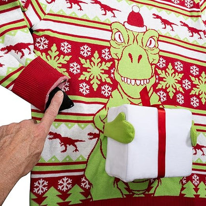 T-Rex Santa Hat 3D Interactive Gift Box Sweater - TVStoreOnline