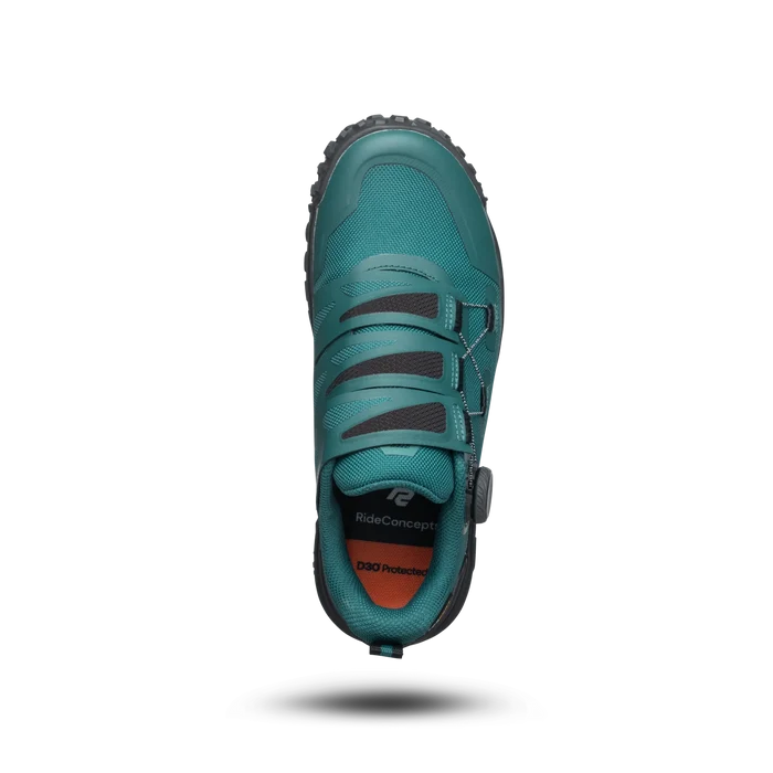 Teal cycling shoe with brand logo on a white background