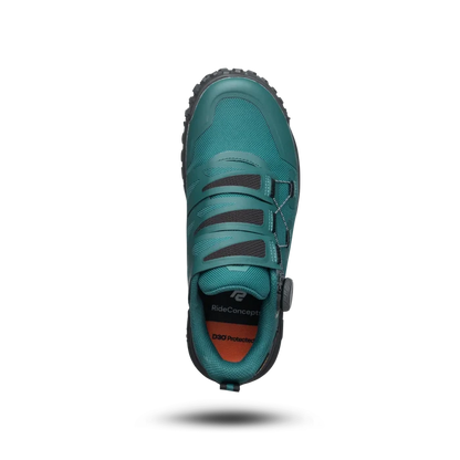 Teal cycling shoe with brand logo on a white background