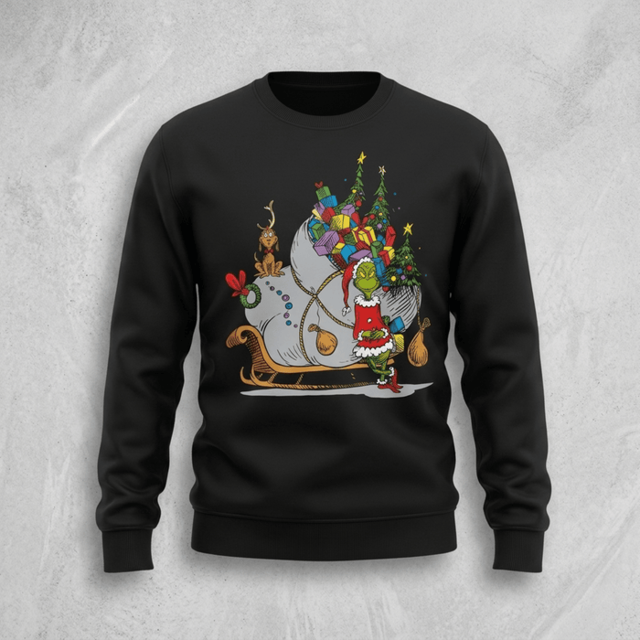 The Grinch on Sleigh with Max Christmas Officially Licensed Adult Sweater - TVStoreOnline