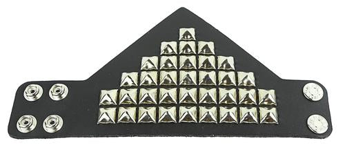 triangular shaped black leather bracelet with multiple rows of silver pyramid studs