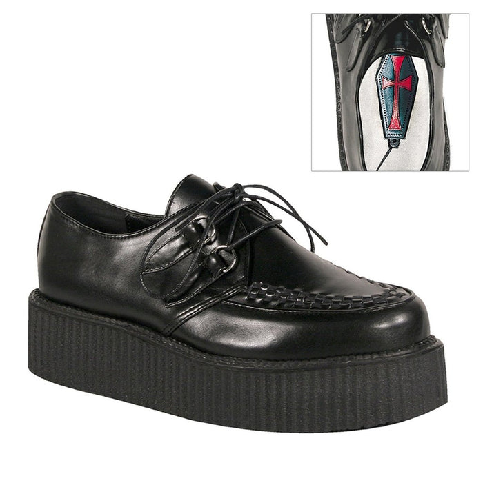 outer side view of black vegan leather 2" platform with hidden coffin shaped sole compartment