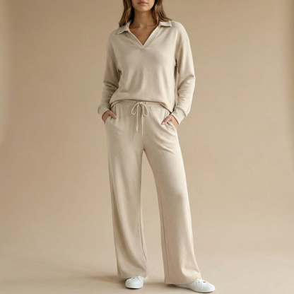 Veluna – Soft V-Neck Lounge Set with Wide Leg Pants