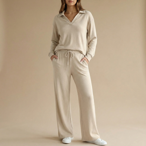Veluna – Soft V-Neck Lounge Set with Wide Leg Pants