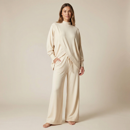 Vivara – Asymmetric Knit Set with Wide Leg Pants