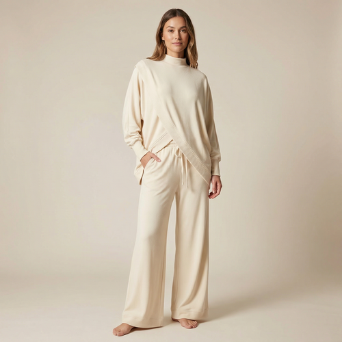 Vivara – Asymmetric Knit Set with Wide Leg Pants