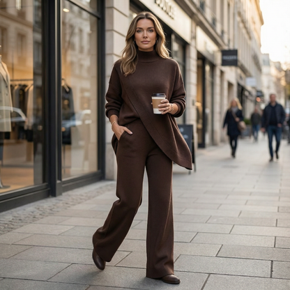 Vivara – Asymmetric Knit Set with Wide Leg Pants