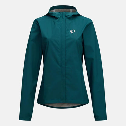 Teal rain jacket with a brand logo on a white background