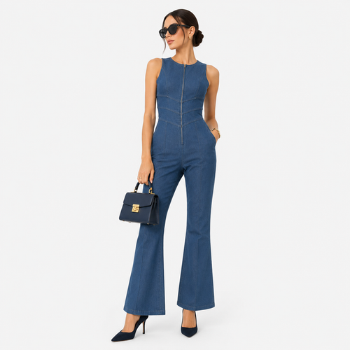 Women's Denim Jumpsuit Zip Front Flared Wide Leg One Piece 0