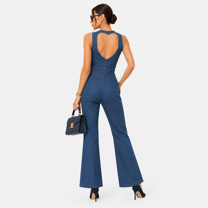 Women's Denim Jumpsuit Zip Front Flared Wide Leg One Piece 3