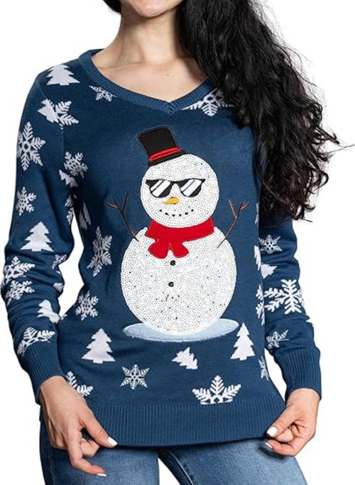 Women’s Flashy Sequin Funny Snowman Ugly Christmas Sweater - TVStoreOnline