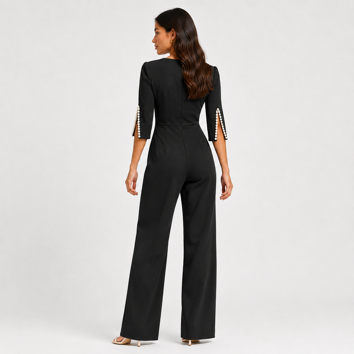 Women's Pearl Detail Jumpsuit Elegant Wide Leg One Piece Outfit 3