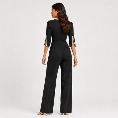 Women's Pearl Detail Jumpsuit Elegant Wide Leg One Piece Outfit 3