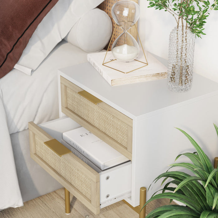 Wood & Rattan 2-Drawer Nightstand White - Nathan James