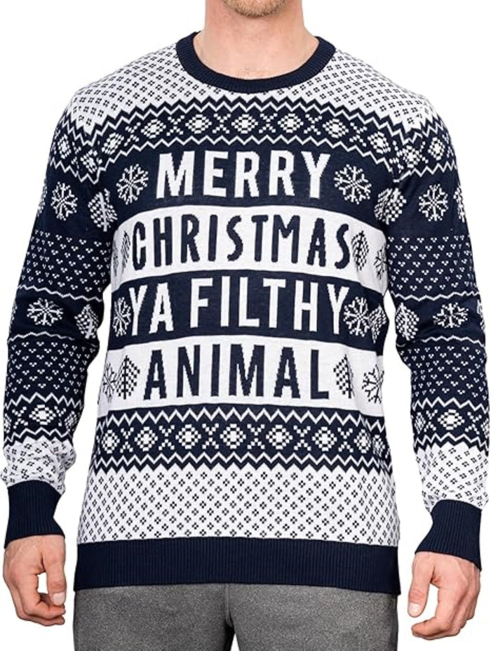 Ya Filthy Animal Quote Adult Unisex Ugly Christmas Sweater (Navy) - TVStoreOnline