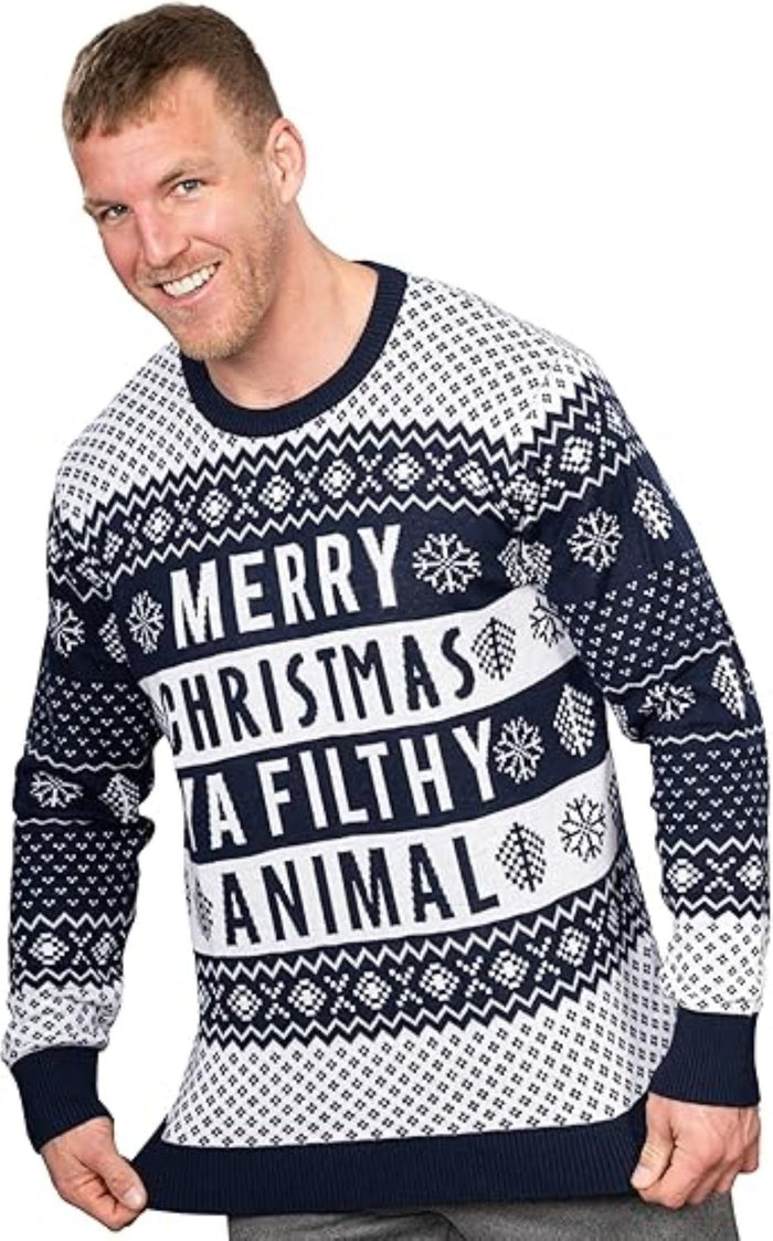 Ya Filthy Animal Quote Adult Unisex Ugly Christmas Sweater (Navy) - TVStoreOnline
