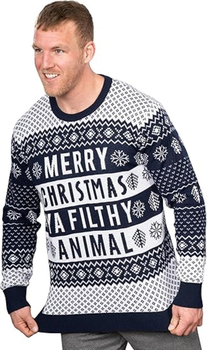 Ya Filthy Animal Quote Adult Unisex Ugly Christmas Sweater (Navy) - TVStoreOnline